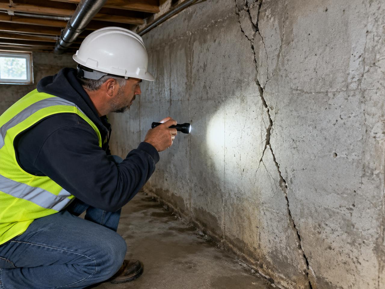 Foundation contractor inspecting a cracked basement foundation wall in Kirksville, MO