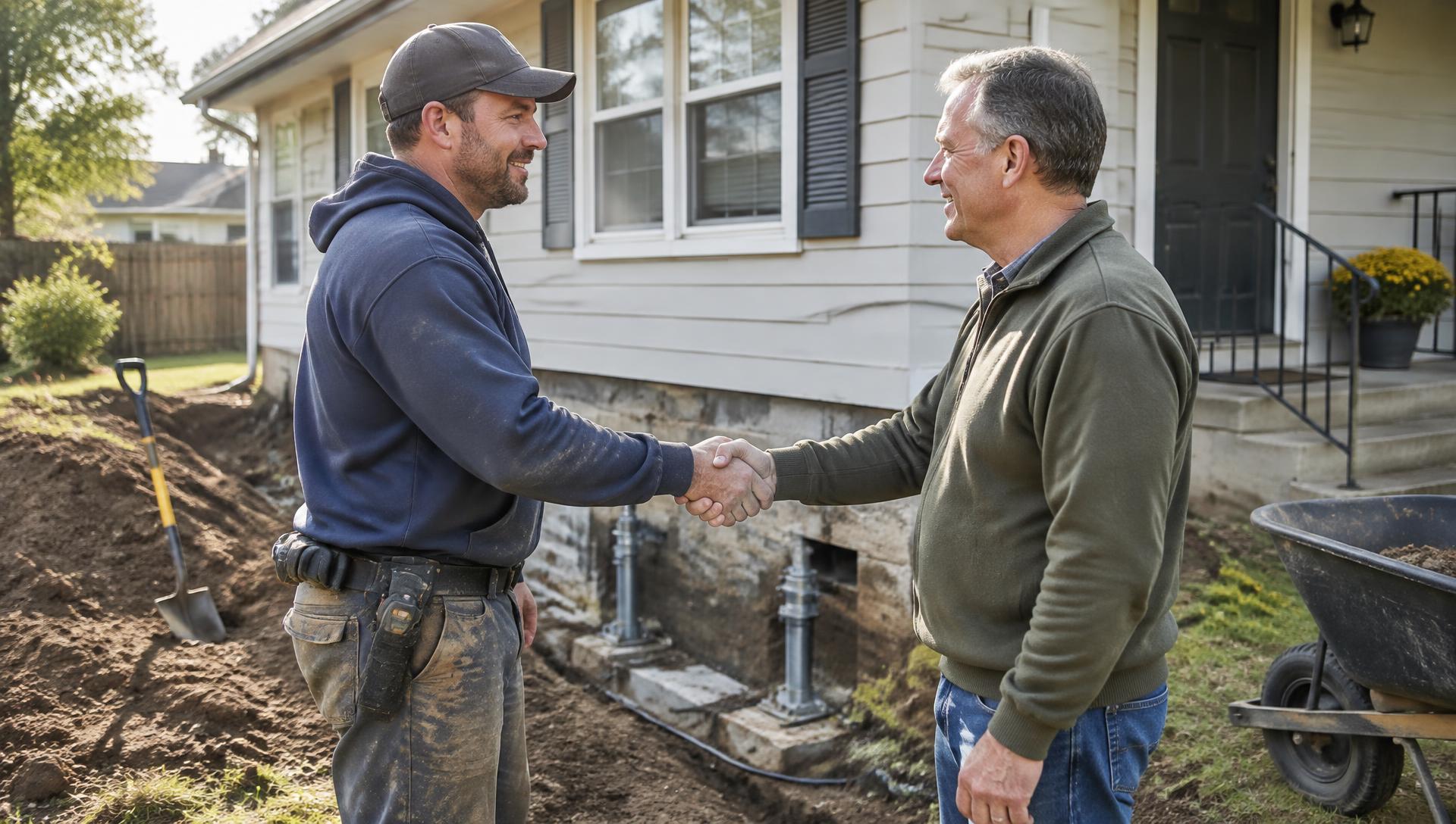 Foundation repair contractor shaking hands with a homeowner outside a house in Kirksville, Missouri