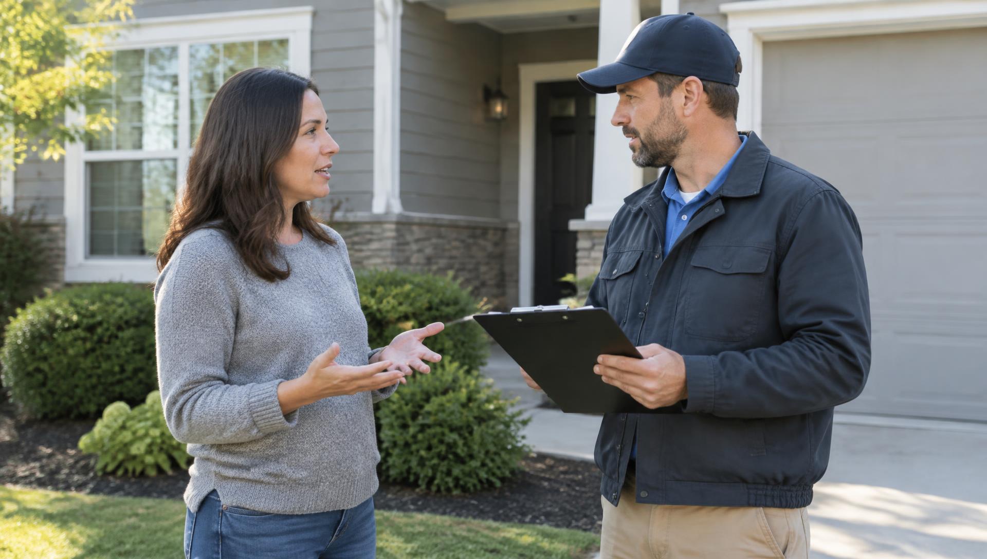 Homeowner discussing foundation repair questions with a contractor outside a home in Kirksville, Missouri