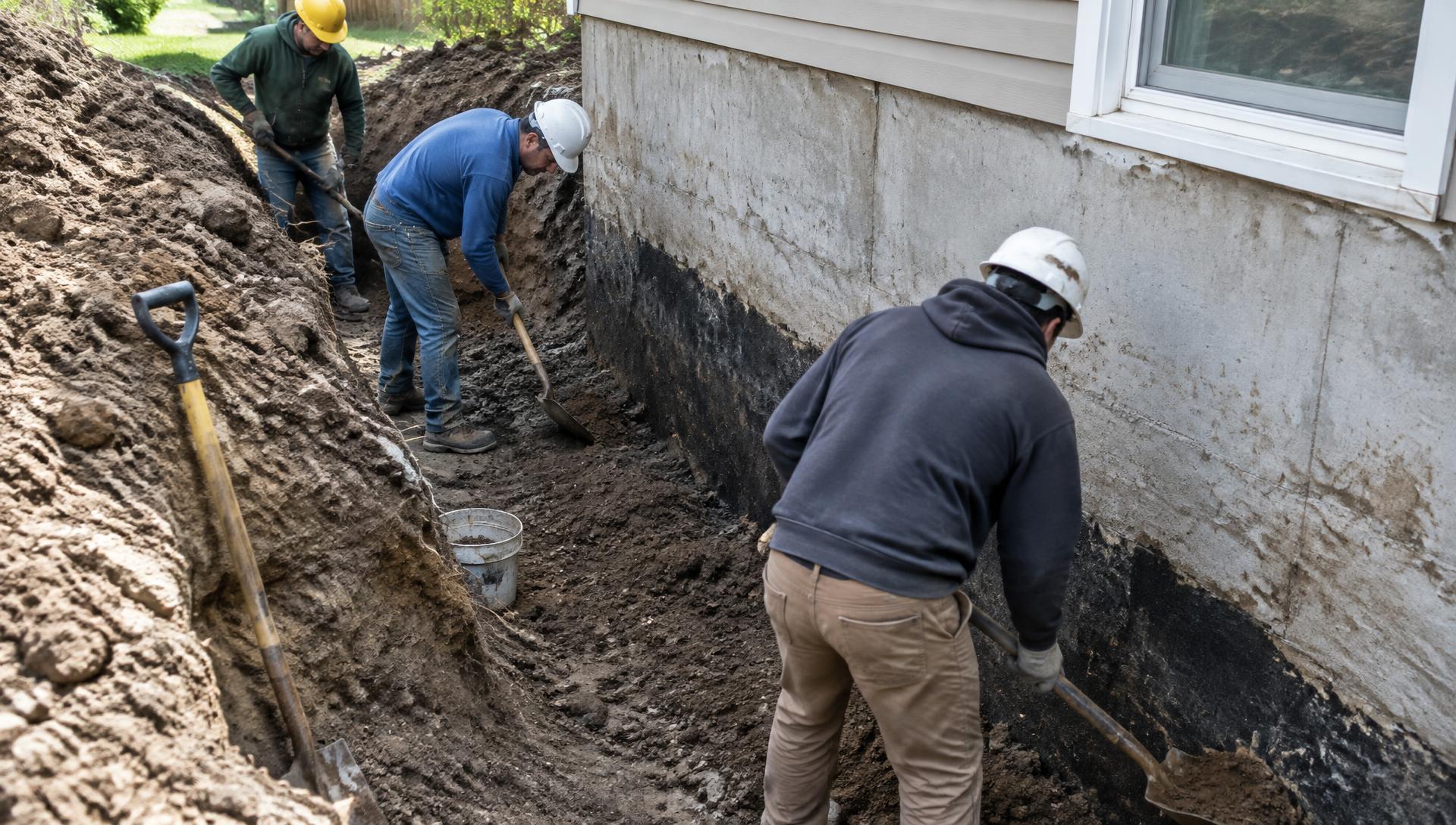 Foundation repair crew working in an excavated trench beside a residential foundation wall in Northern Missouri