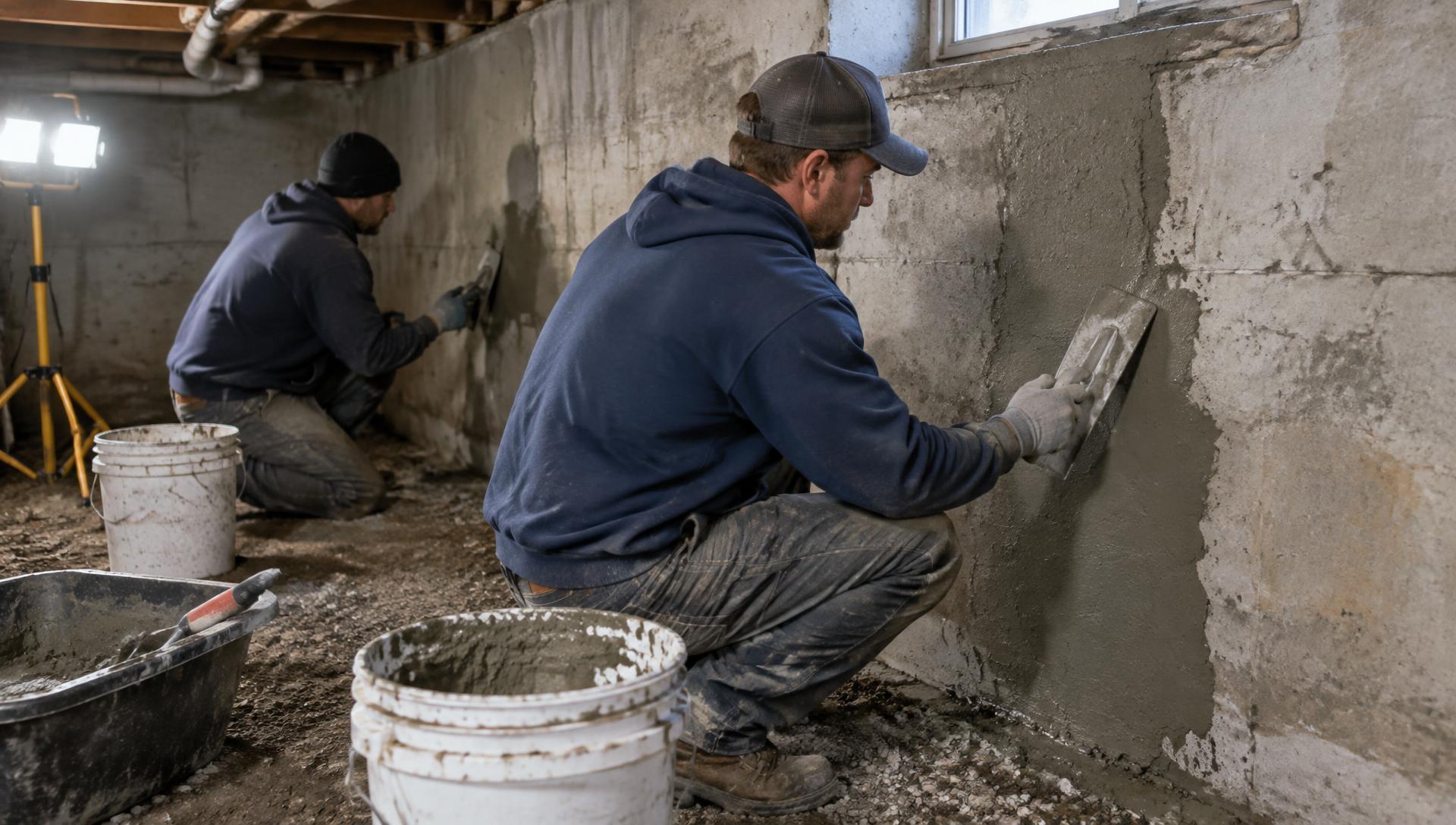 Foundation Restoration technicians applying repair material to a concrete foundation wall in Kirksville, Missouri