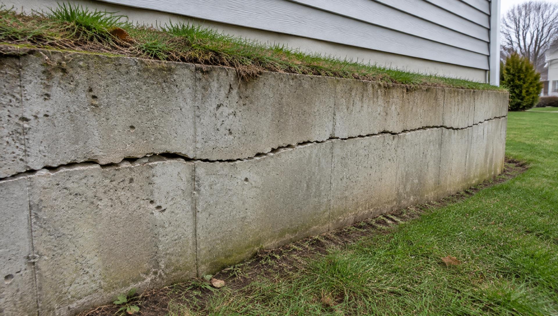 Exterior residential foundation wall with a long horizontal crack and bowing in Northern Missouri