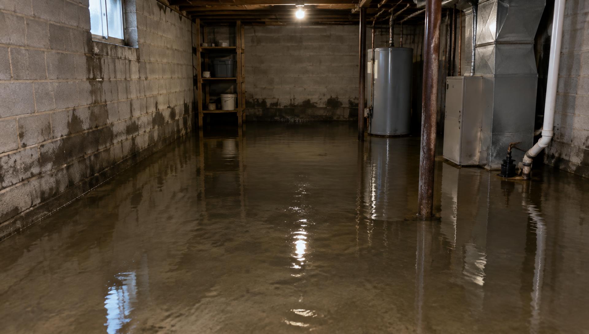 Water pooling across the concrete floor of a wet basement in a Northern Missouri home