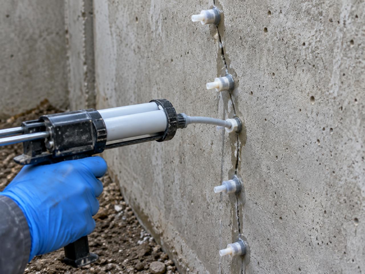 Epoxy injection of a crack in a poured concrete foundation wall in Kirksville, MO