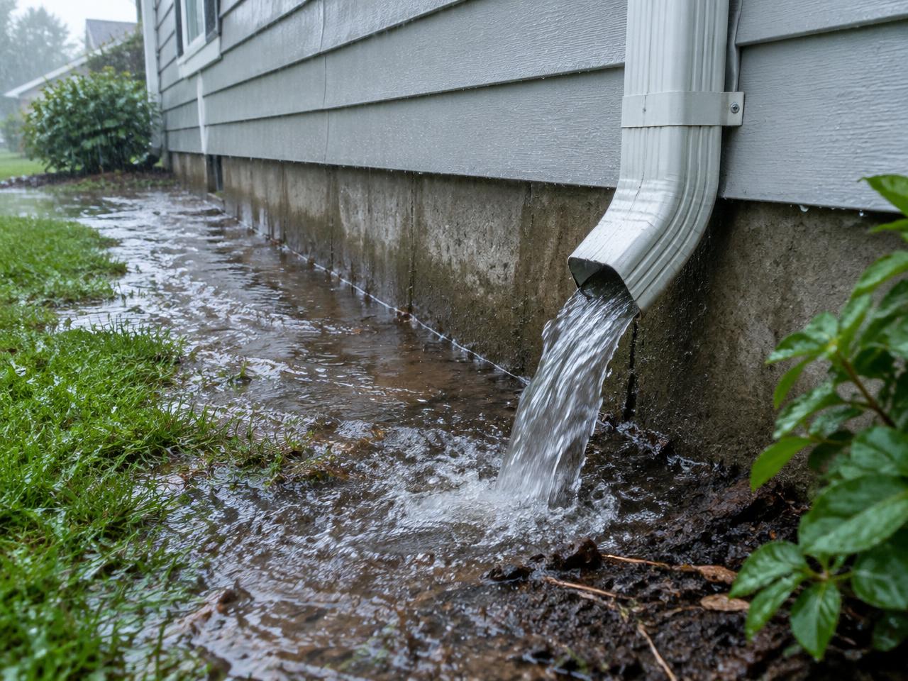 Rain runoff and downspout discharge pooling against a house foundation in Northern Missouri
