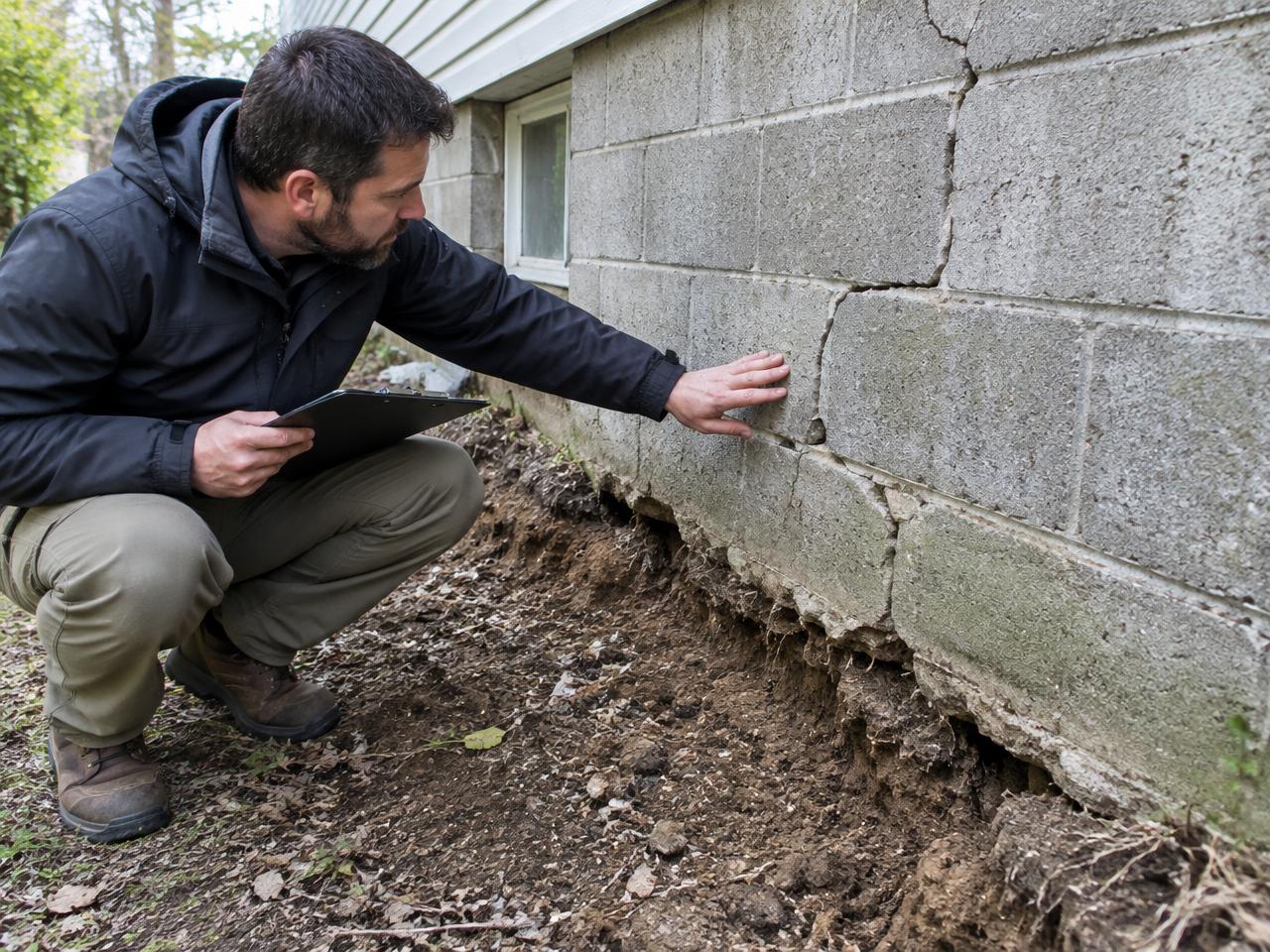 Inspector evaluating a cracked exterior block foundation wall and eroded soil in Southern Iowa