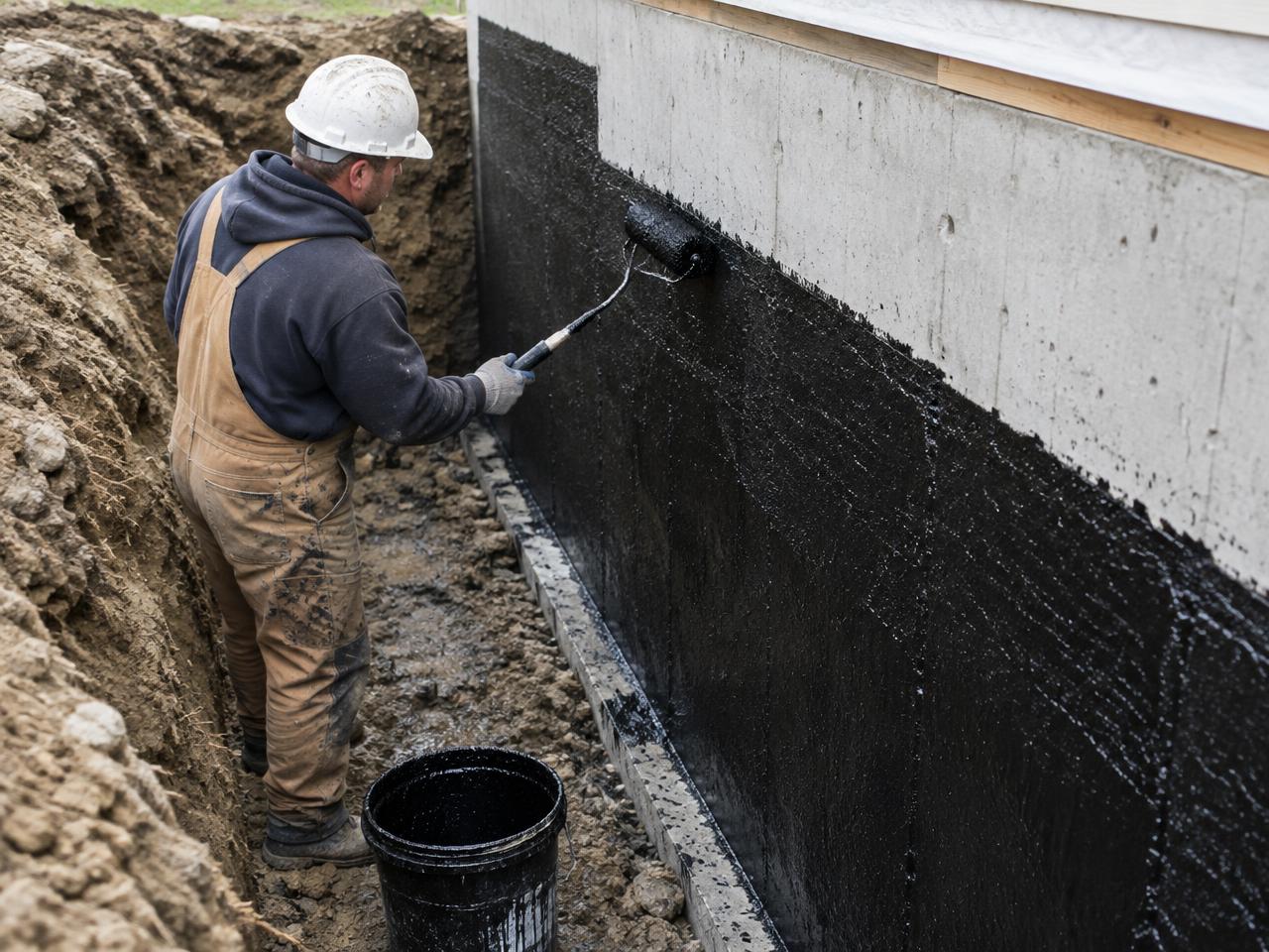 Worker applying exterior foundation waterproofing coating in an excavated trench in Southern Iowa