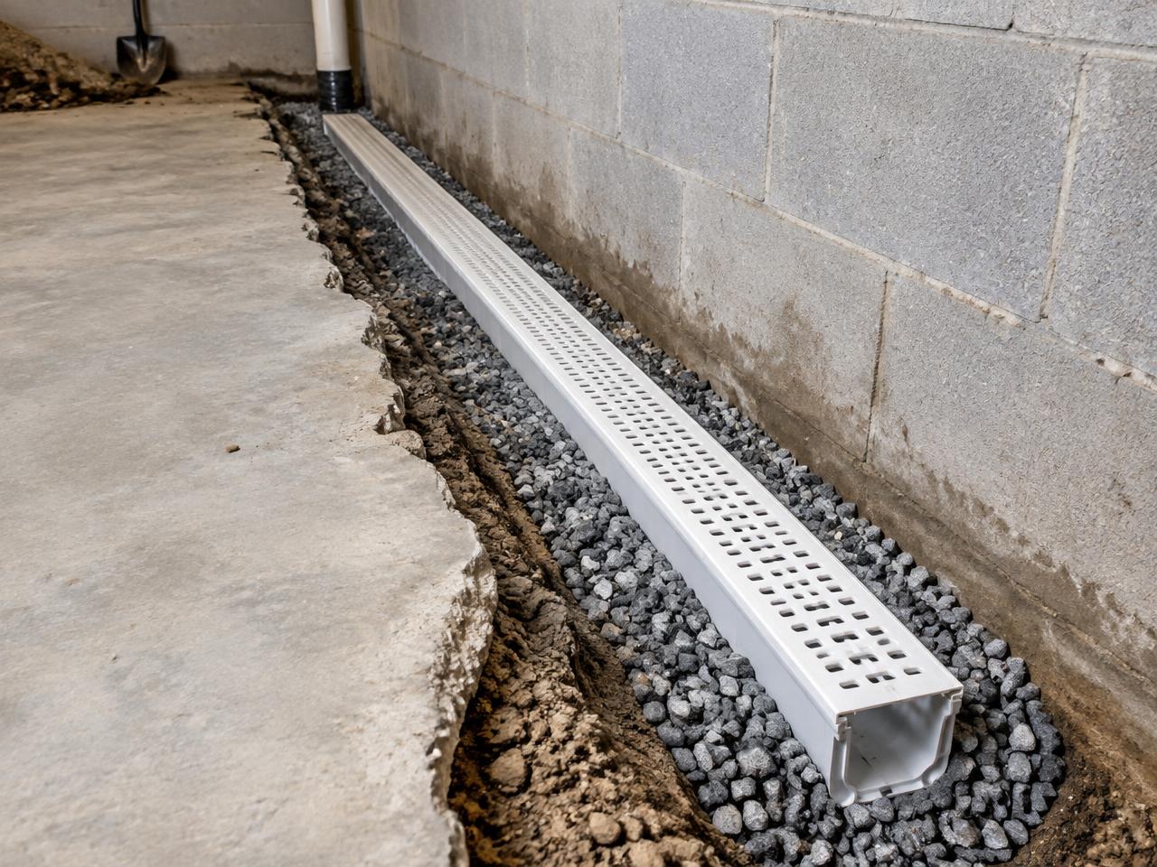 Interior perimeter drainage channel set in gravel along a basement wall in Northern Missouri