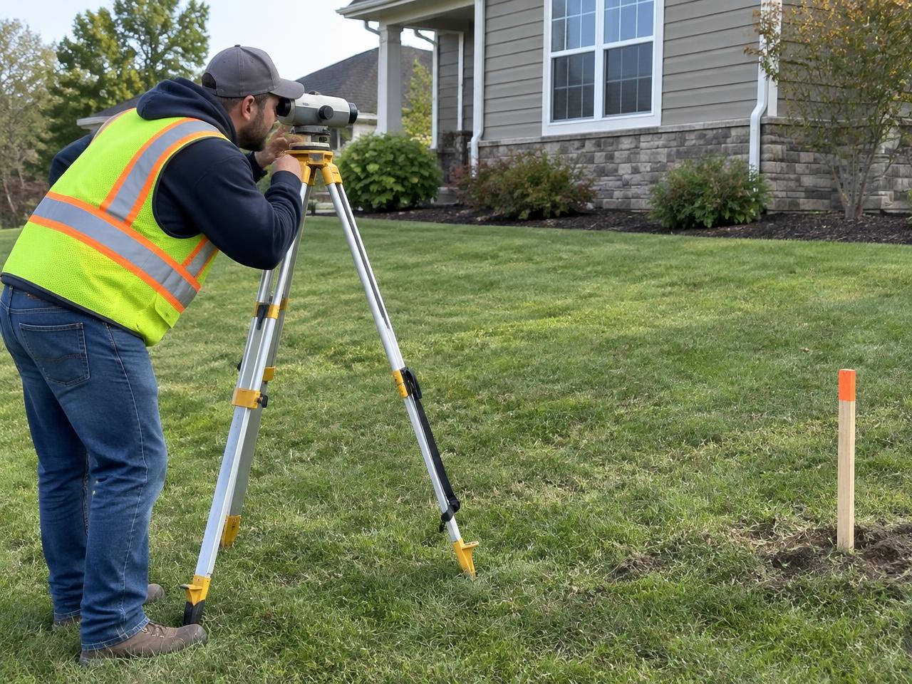 Technician measuring yard slope for a lot grading assessment at a Kirksville, MO home