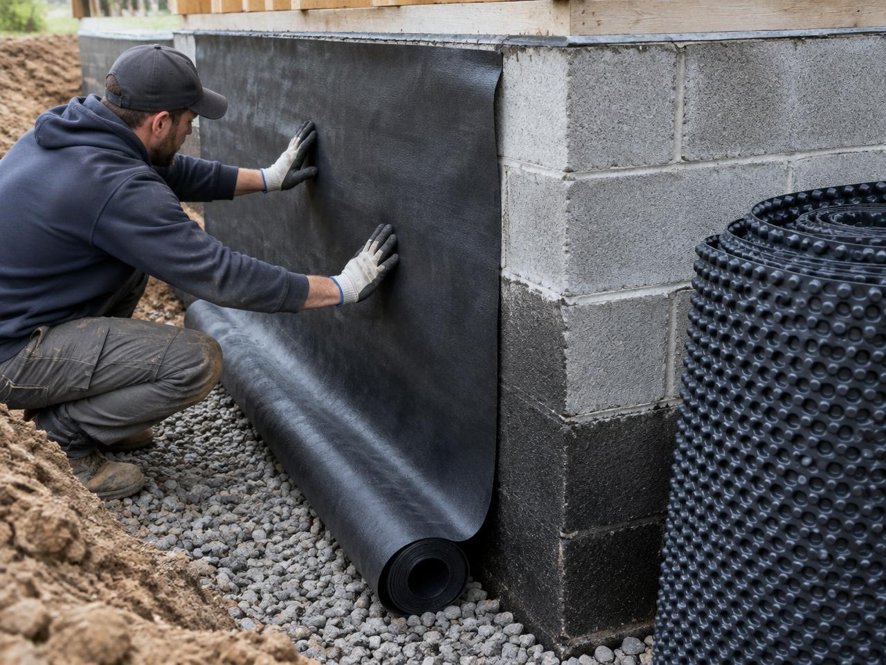 Rubberized waterproofing membrane applied to a block foundation exterior in Kirksville, MO