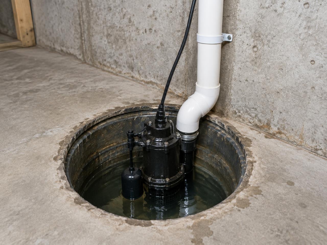 Sump pump installed in a basement floor pit with discharge piping in Kirksville, MO