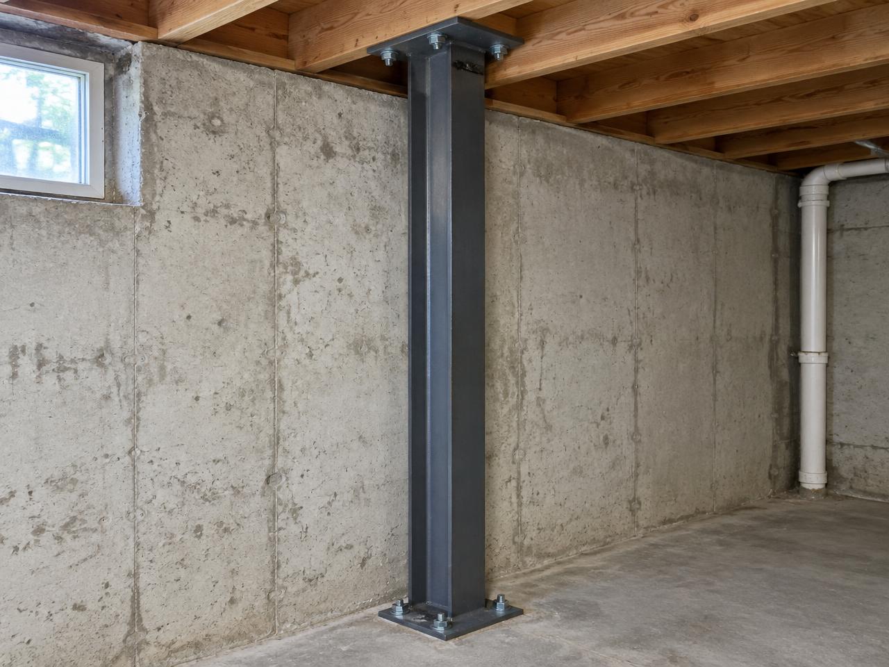 Steel support beam braced floor to joist against a basement foundation wall in Northern Missouri