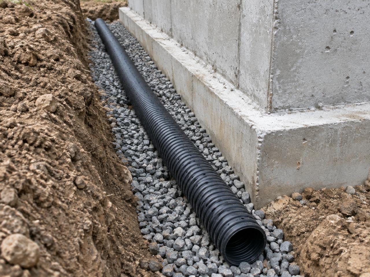Perforated drain tile pipe bedded in gravel beside a foundation footing in Southern Iowa