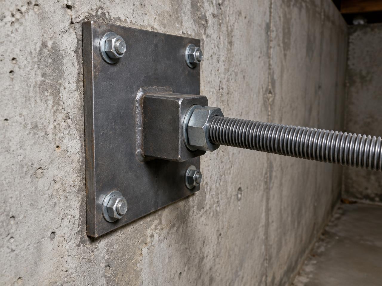 Steel wall anchor plate and tieback rod stabilizing a foundation wall in Kirksville, MO
