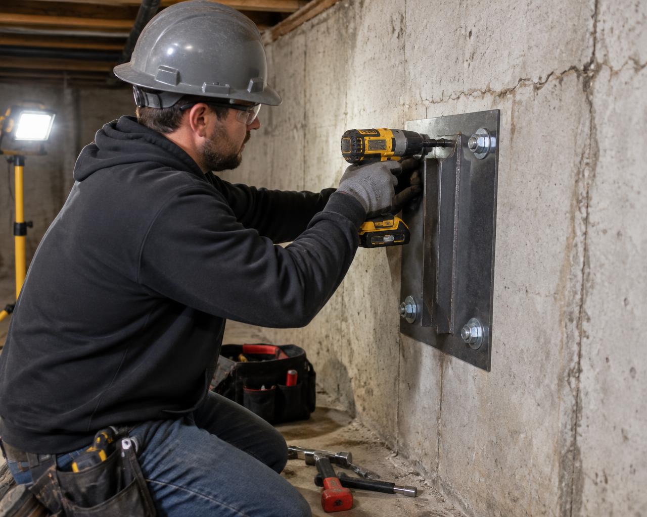 Foundation Restoration technician installing a steel wall anchor on a basement wall